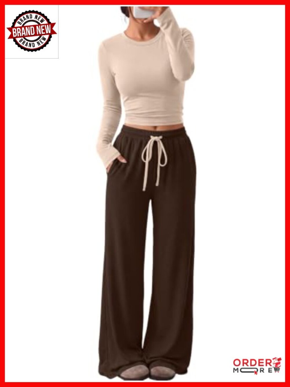 2 Piece Lounge Set Long Sleeve Cropped Top Wide Leg Pants Pockets